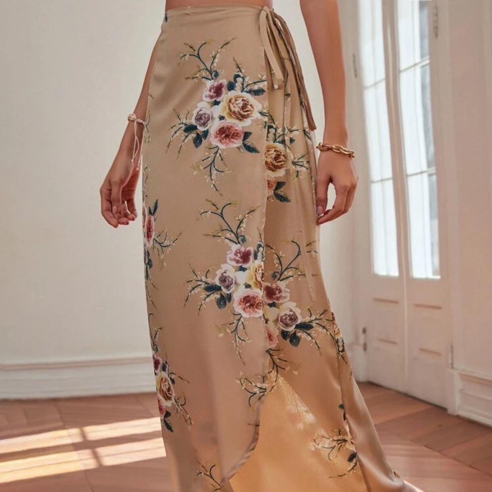 Beige floral maxi wrap skirt